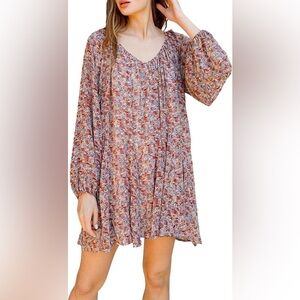 NWOT Storia Georgette Mini Taupe Floral Print Dress boho lagen